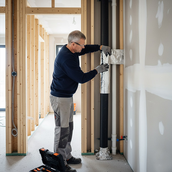 Un bărbat purtând mănuși instalează izolatii în jurul unei conducte verticale într-o clădire în construcție, cu structura expusă și pereții parțial terminați vizibili, evidențiind această categorie esențială meniu.