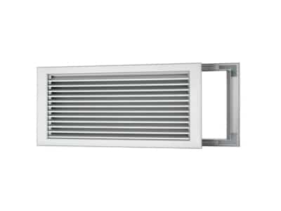 Grila transfer 300x100 grilă metalică dreptunghiulară de aerisire cu lamele orizontale, parțial scoasă din cadru, prezentată pe un fundal alb simplu.