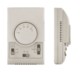 Termostat TR110 este un termostat alb, montat pe perete, cu un cadran de temperatură Celsius și comutatoare pentru funcțiile de încălzire, ventilator și pornire/oprire, afișate atât din față, cât și din lateral.