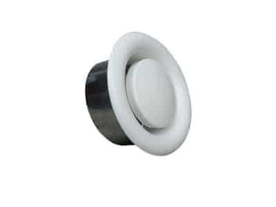Valva de refulare D100 este un difuzor de aerisire rotund alb, cu un disc central reglabil și o bază cilindrică neagră.