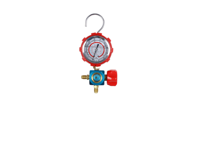 Un roșu și albastru Baterie manometru cu 1 ceas inalta presiune HMG-1-H AITCOOL suspendat pe un fundal alb.