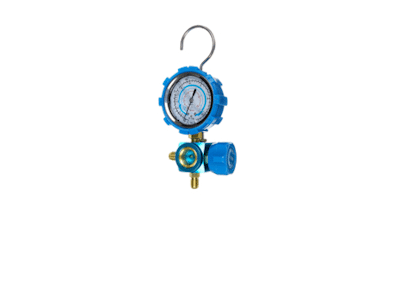 A blue Baterie manometru cu 1 ceas inalta presiune HMG-1-H AITCOOL with a hook for high pressure applications.