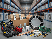 Diverse unelte, accesorii și echipamente HVAC sunt expuse în fața rafturilor de depozit pline cu aparate electrocasnice mari, perfecte pentru a naviga prin categorii sau pentru a găsi articole din meniu accesorii.