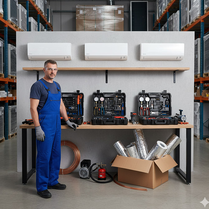 Un bărbat în salopetă albastră stă lângă un banc de lucru cu unelte HVAC, țevi de cupru și materiale izolante într-un depozit, pregătindu-se pentru un montaj AC în cadrul categoriei montaj de unități de aer condiționat montate pe perete.