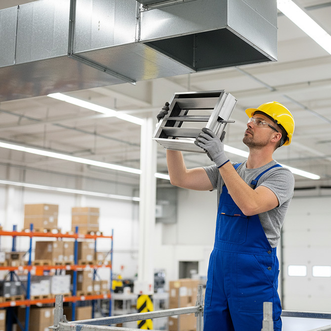 Un muncitor cu salopetă albastră și cască de protecție galbenă inspectează sau instalează tubulatura de ventilație într-un depozit industrial.