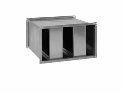 Descriere: O cutie de metal cu patru compartimente pe un fundal alb.
Nume produs: Atenuator de zgomot rectangular.