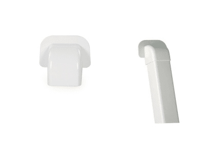 Un racord de țeavă cot alb, din plastic, prezentat în două orientări diferite pe un fundal alb, caracterizat printr-un unghi Cot 90gr cu flansa 60x45.