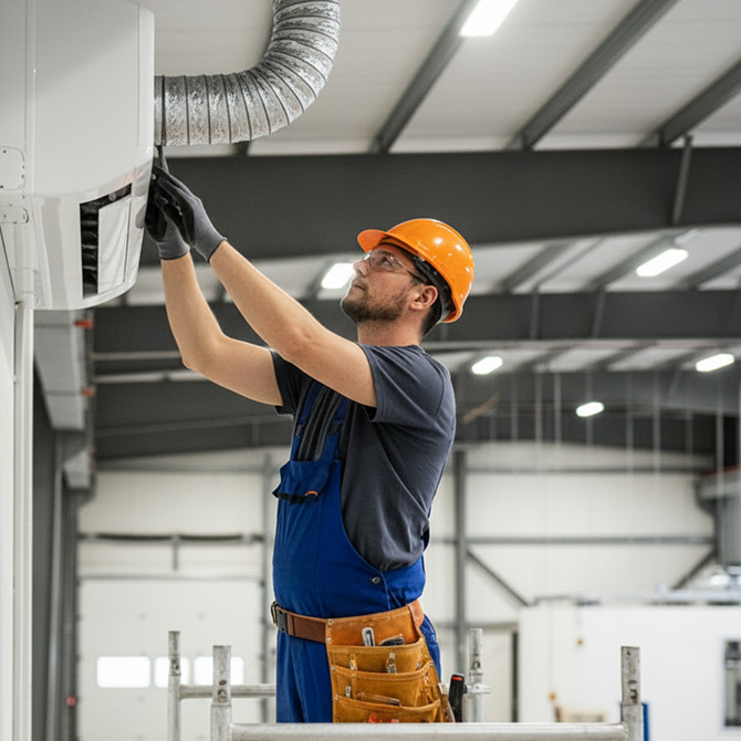 Un muncitor cu cască de protecție și salopetă ajustează o unitate de aer condiționat conectată la tubulatura de aluminiu într-o clădire industrială.