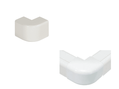 Două unghiuri diferite ale unui protector de colț din plastic alb, exterior Cot 90gr 60x45.