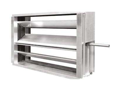 Clapeta de reglaj rectangulara cu lamele reglabile și mâner lateral, folosită pentru controlul debitului de aer în sistemele HVAC.