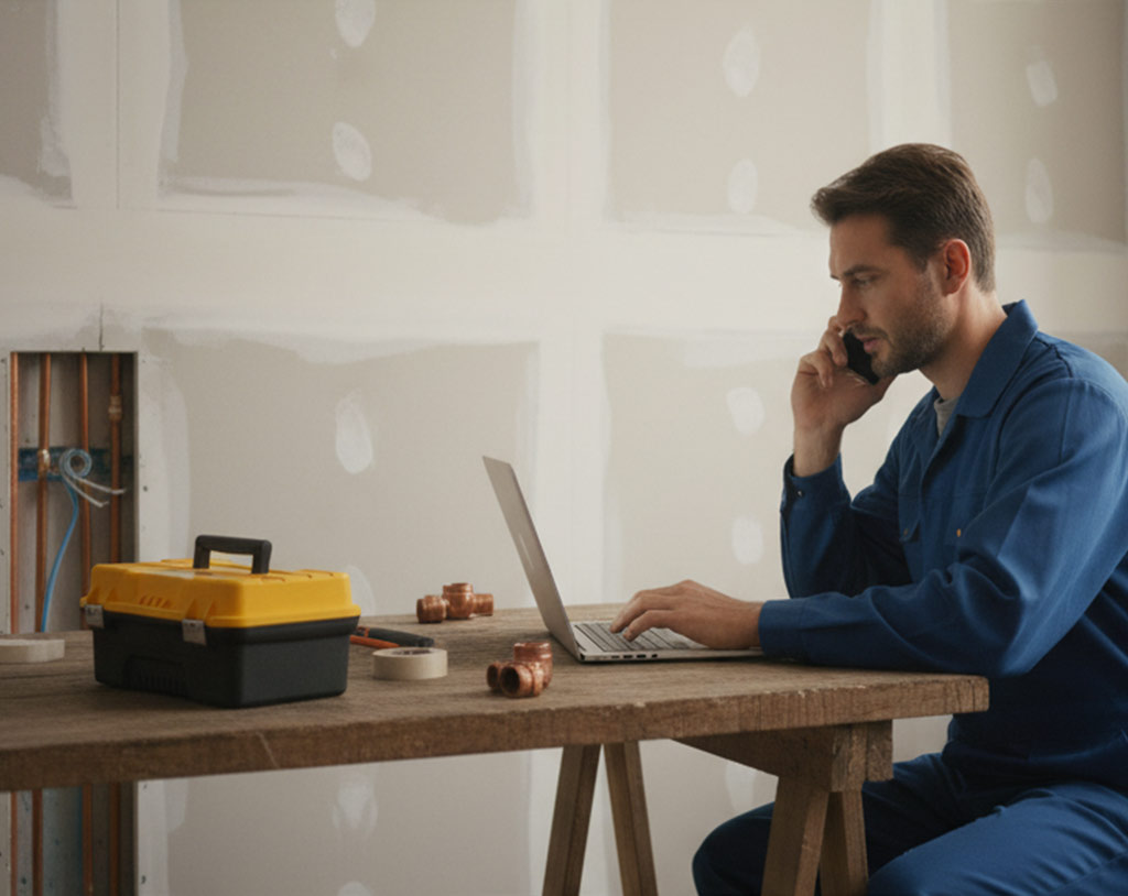 Un bărbat în salopetă albastră stă la o masă de lemn cu un laptop și o cutie de scule, vorbind la telefon despre instalatie electrica într-o cameră în construcție.