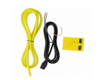 Cabluri electrice galbene și negre cu capetele expuse, o siguranță și un card de instrucțiuni galben pentru Pompa de condens Vamp-X sunt aranjate pe un fundal alb.