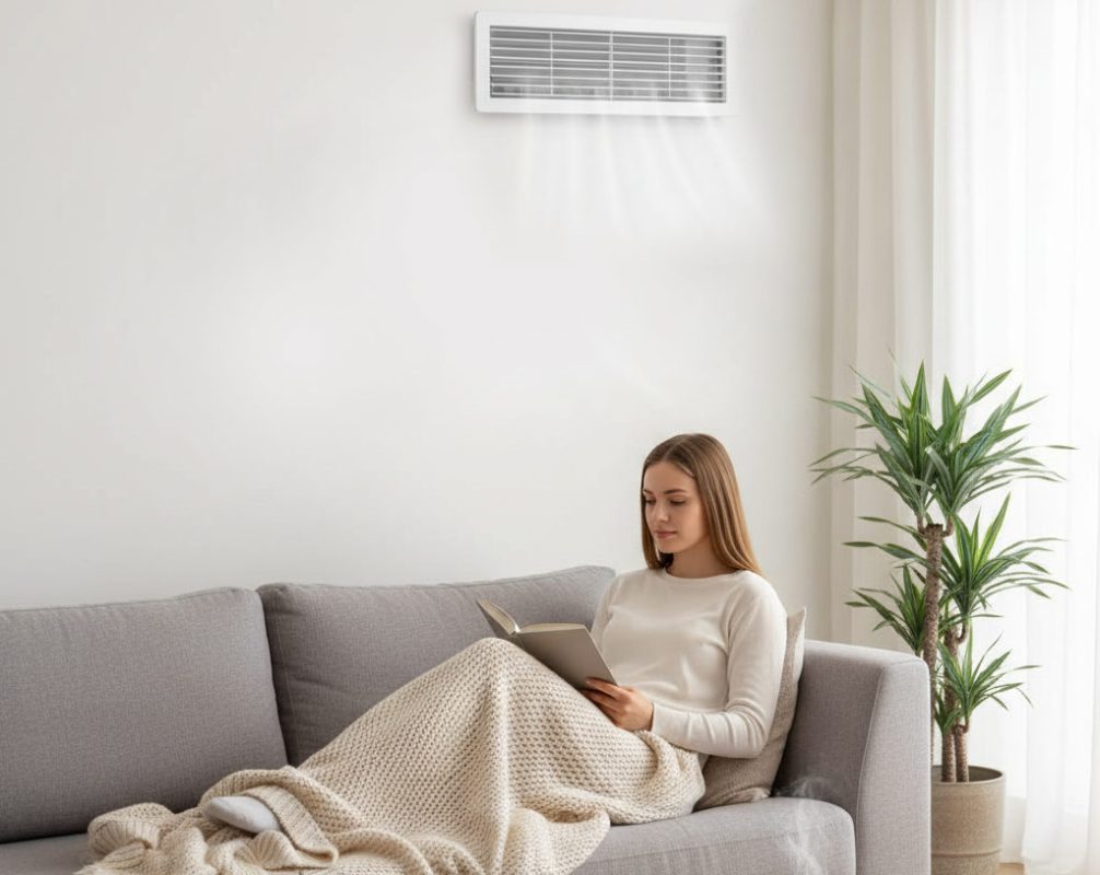 O femeie stă pe o canapea gri acoperită cu o pătură bej, citind o carte. O gură de aer condiționat se află pe peretele de deasupra ei, iar o plantă în ghiveci este în apropiere, creând un spațiu confortabil care subliniază importanța siguranței electrice la domiciliu.
