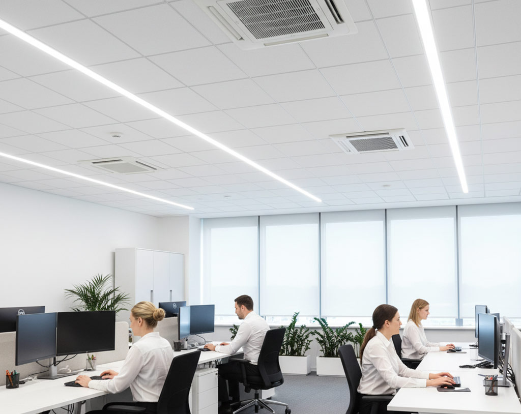 Patru persoane lucrează la birouri cu calculatoare într-un birou luminos, modern, cu ferestre mari, pereți albi, plante de interior și un accent pe siguranța electrică pentru un mediu de lucru sigur.