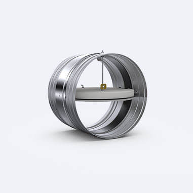 Amortizor metalic rotund pentru conducte, cu o placă centrală circulară și o tijă reglabilă, utilizat pentru reglarea fluxului de aer în sistemele de ventilație.