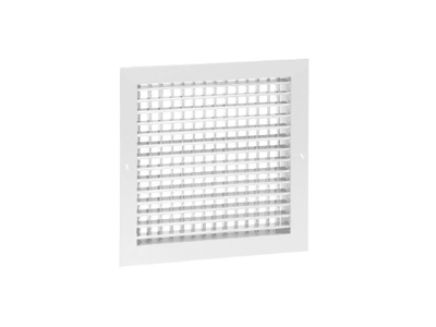 Grila refulare 400x130: grilă de aerisire pătrată din metal alb cu lamele orizontale, prezentată montată pe un fundal alb simplu.