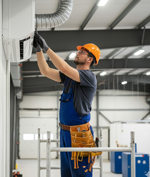 Un muncitor cu cască de protecție și salopetă ajustează o unitate de aer condiționat în timp ce stă pe o platformă în interiorul unei clădiri industriale.